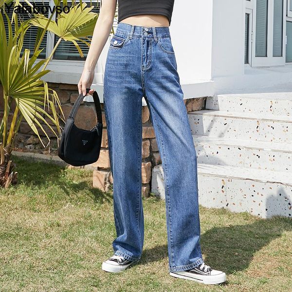 

wide leg pants softner summer loose fashion thin jeans women's semi-elastic waist korea styles dark blue trousers yalabovso