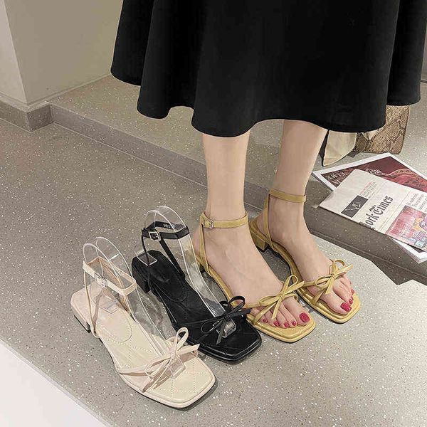 

sandals beach summer open toe thin belt cross square heeled sandals women exquisite bow dress shoes party 220303, Black