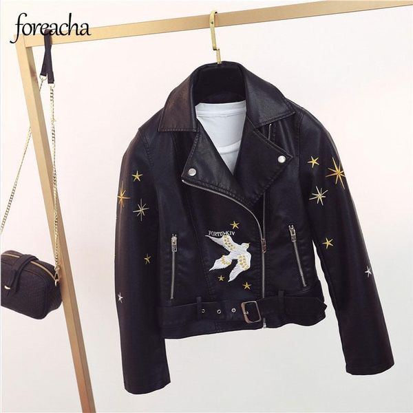 

women's leather & faux foreacha women imitation motorcycle lapel embroidered belt pu jacke slim waterproof zipper black outer clothing