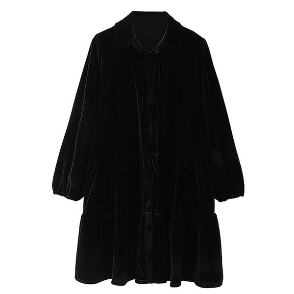 

women black dress spring autumn velvet loose fashion female a-line pleated thick 210524, Black;gray