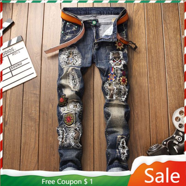 

men winter 2021 herfst patchwork ripped geborduurd stretch jeans trendy gates rights denim trouers, Blue