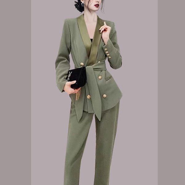 

women's two piece pants zawfl women autumn elegant blazer pant suit set female office lace-up party designer two-piece suits, White