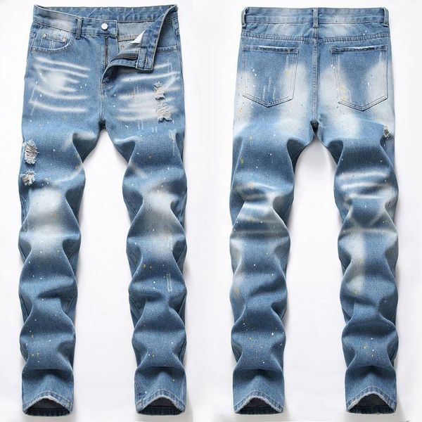 

men's jeans denim men ripped elastic retro blue casual trousers long cotton high-quality slim-fit skinny hip-hop