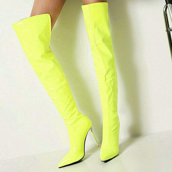 

boots 2021 women over the knee thin high heel pointed toe ladies thigh patent pu leather back zipper nightclub, Black