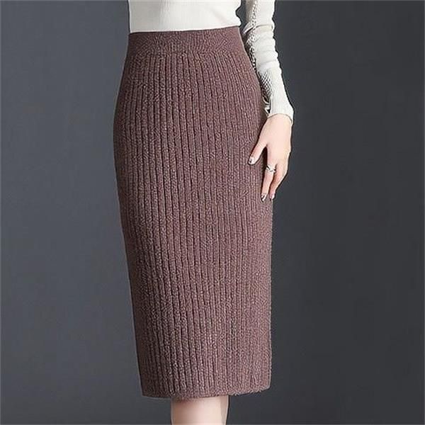 

women's knitted straight skirts elastic waist slit cotton knit skirt for autumn winter ol elegant midi pencil knit-skirts office ladies, Black