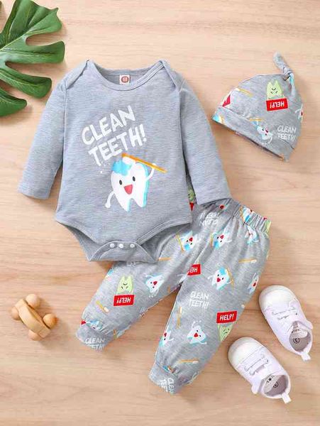 

baby cartoon & letter graphic bodysuit & sweatpants & hat she, White