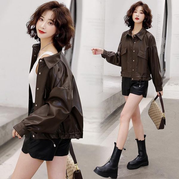 

women's down & parkas autumn small leather clothes short 2021 fashion loose korean pu casual jacket chic coat, Black