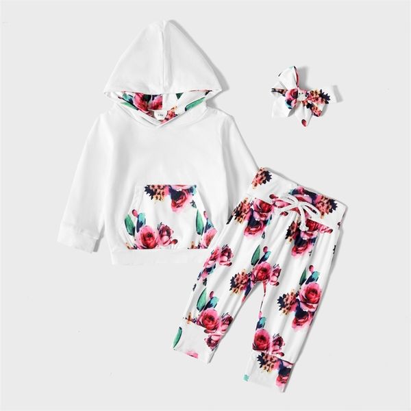 

beautiful floral long-sleeve hoodie, pants and headband set 210528, White