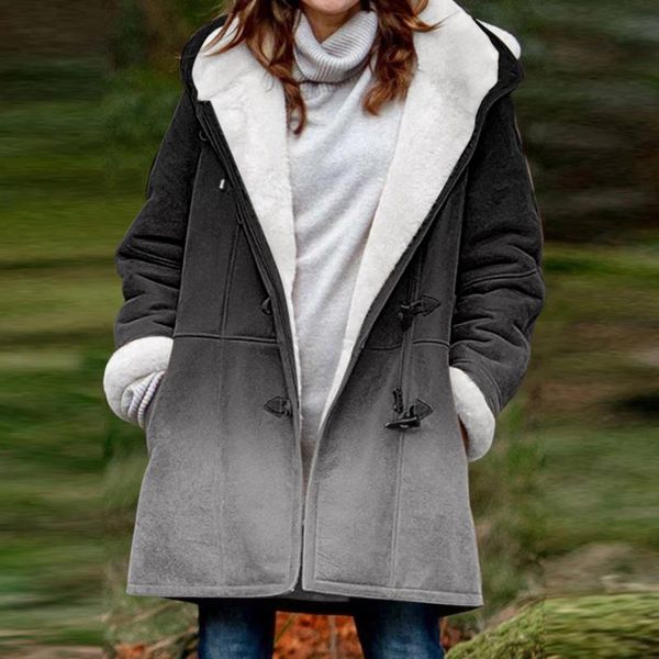 

women's jackets ladies winter fuzzy fleece coats women gradient hood warm coat harajuku jacket casual loose buttons hoodie outwear, Black;brown