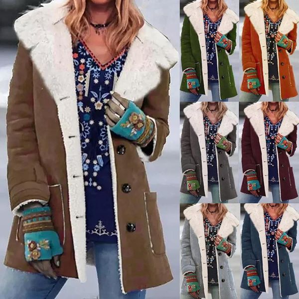 

women's jackets 2021 women turn down collar buttons hooded long sleeve shaggy jacket coat autumn cardigan plush fur femme large size, Black;brown