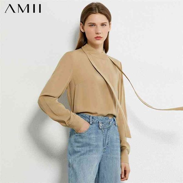 

minimalism autumn fashion women shirt solid stand collar tie loose blouse causal female 12070497 210527, White