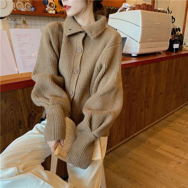 

women's jackets coats spring 2021 lazy style cardigan loose coat high collar sweater fashion 3atk, Black;brown