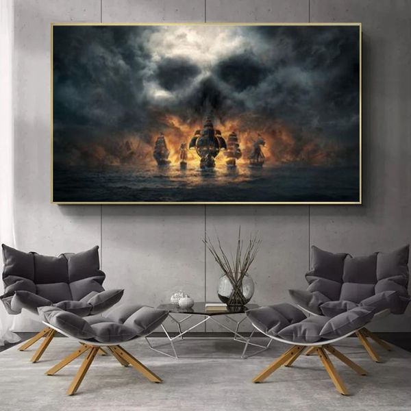 Moderne Leinwandmalerei Piratenschiff auf See Schädel abstrakte Kunst Vintage Wandmalerei an der Wand Poster und Drucke Kunstbilder für Wohnzimmer