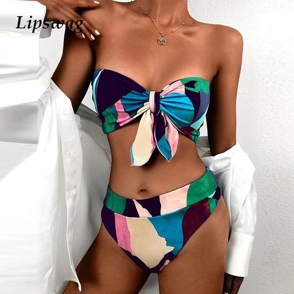 

strapless bandeau knot bikini swimsuit women printed swimwear set female high waist beachwear bathing suits one-piece