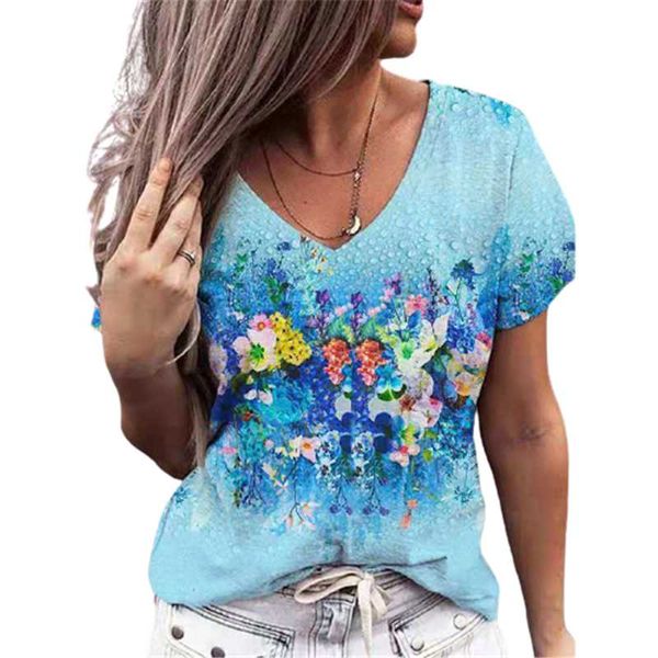 

women's t-shirt blue floral tees summer fashion streetwear loose v-neck women t shirts plus size short sleeve casual female shirt top, White