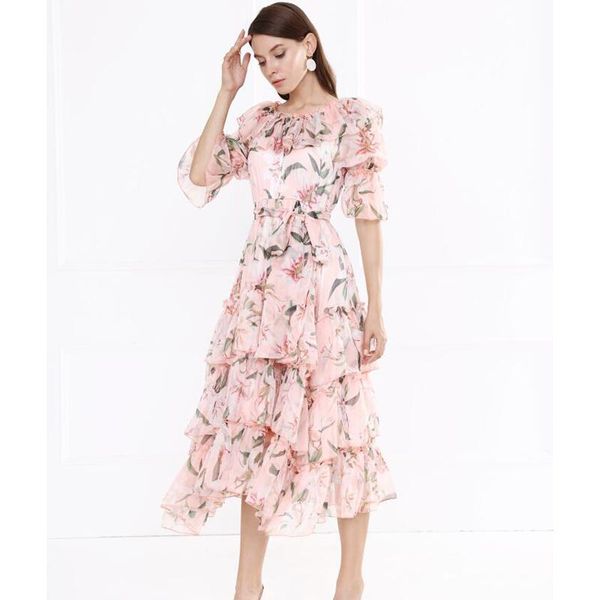 

women runway dress spring summer half sleeve print ruffles elegant long dresses holiday beach np0846l casual, Black;gray
