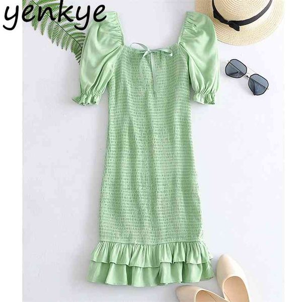 

vintage women solid color elastic short sleeve square neck bodycon mini female hem ruffle summer party dresses 210514, Black;gray