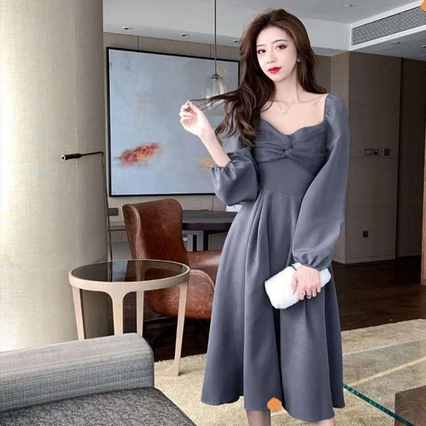 

women dresses retro square collar women's long-sleeved dress autumn winter midi vestido de mujer casual, Black;gray