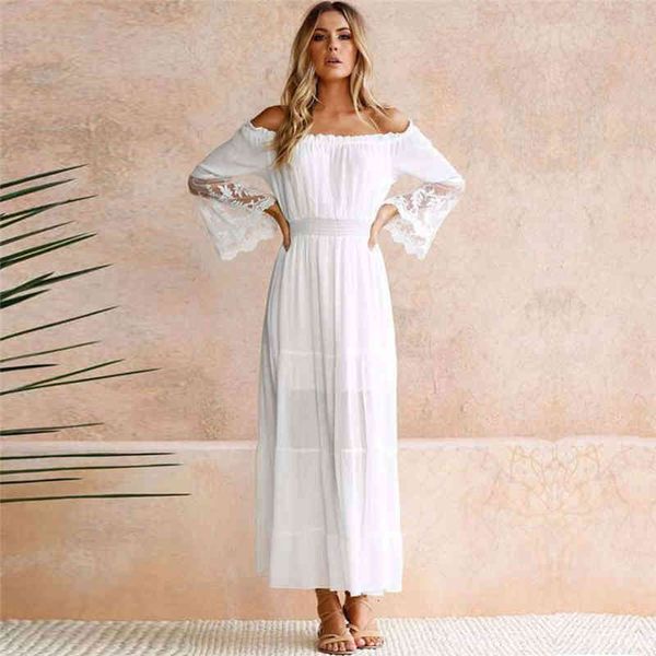 

casual dresses summer sundress women white beach strapless long sleeve loose off shoulder lace boho chiffon maxi 1w2w, Black;gray