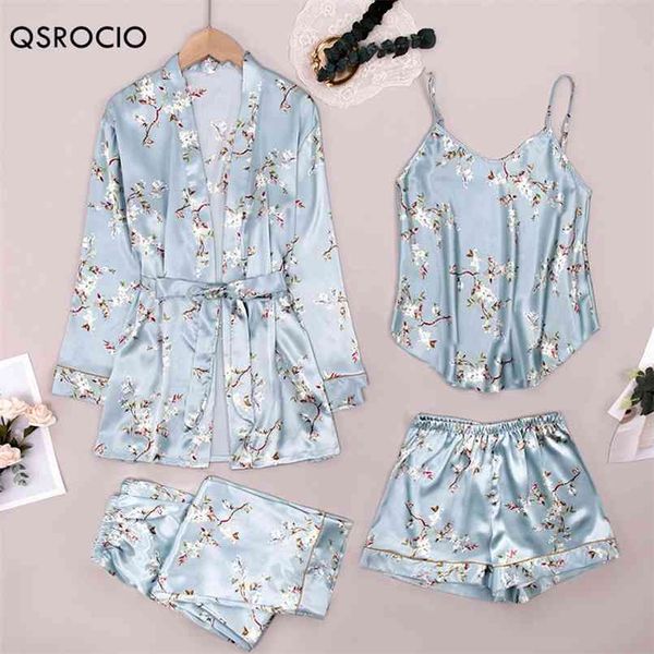 QSROCIO Pigiama da donna di alta qualità Set da 4 pezzi Vintage Blue Flower Sleepwear Seta come vestiti per la casa per il tempo libero Sling Top Robe 210809