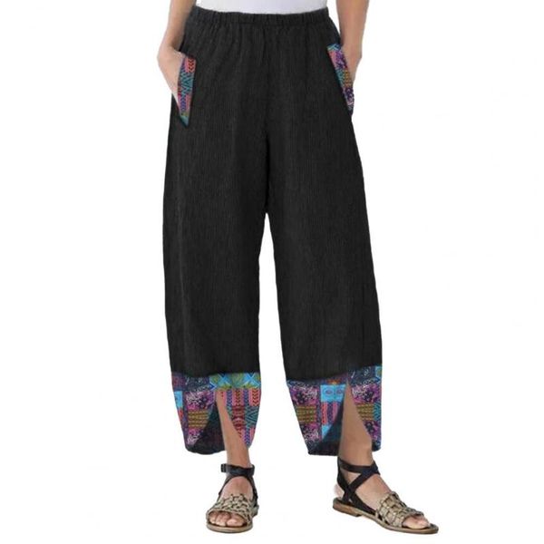 

women's pants & capris casual women summer printed patchwork vintage trousers loose wide leg pockets irregular office ladies, Black;white