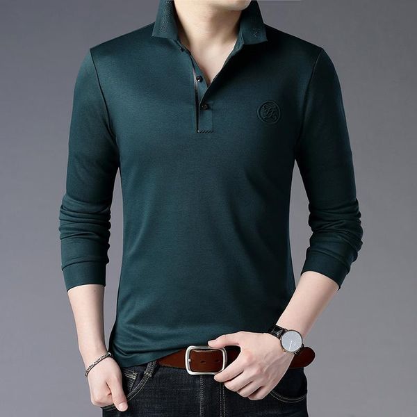 

men's polos 2021 autumn long-sleeved t-shirt lapel shirt middle-aged casual bottoming solid color top, White;black