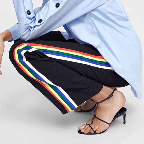 

pant stylish loose sports casual pants women side colors ribbon elastic waist chic lady long trousers femme, Black;white