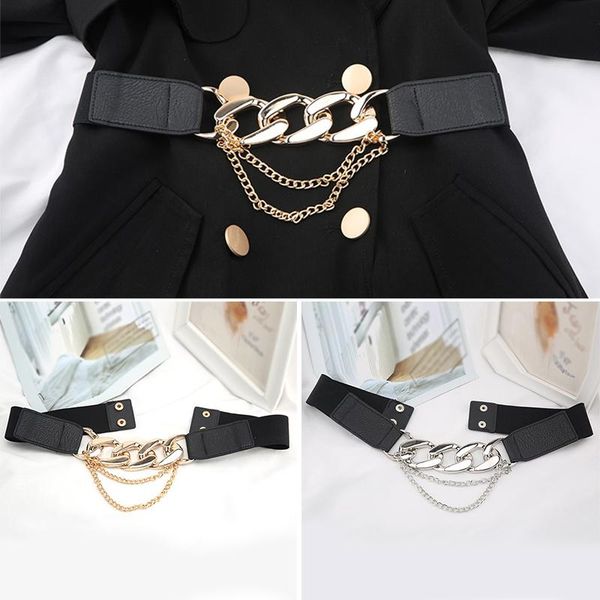 

belts metal chains buckle long tassel belt fashion decoration elastic waist pu thick chain strap stretch cummerbunds, Black;brown
