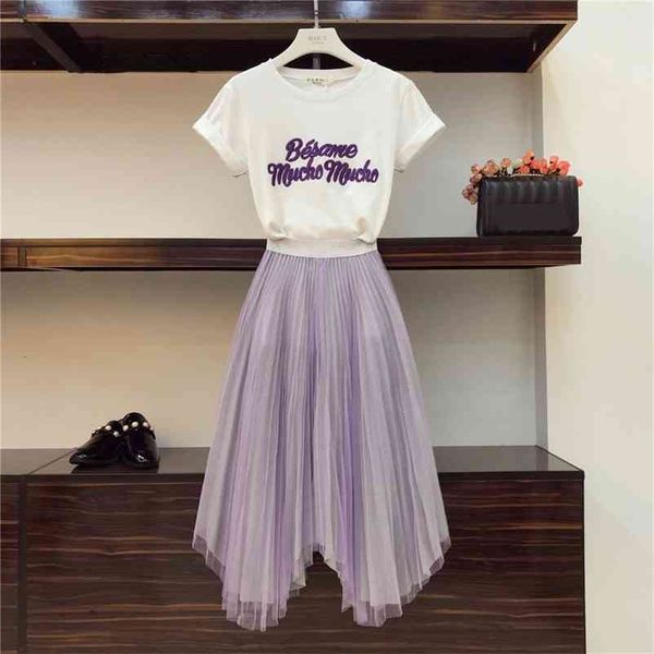 

in stock summer women letter t-shirt + beautiful skirt 2 pcs sets female fashion suits 210519, White