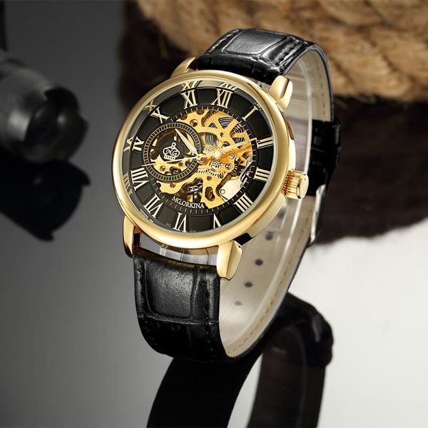 

wristwatches gold skeleton watches mg.orkina mg men mechanical watch leather band hand wind, Slivery;brown