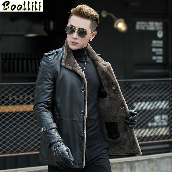

men's leather & faux boollili genuine sheepskin jacket winter coat real wool fur liner motorcycle man warm, Black
