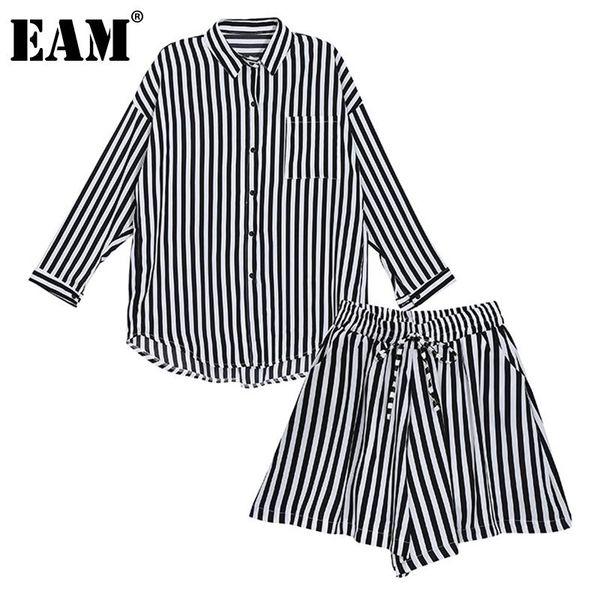 

women's tracksuits [eam] wide leg shorts black striped oversized two piece suit lapel long sleeve women fashion spring summer 2021 1de1, Gray