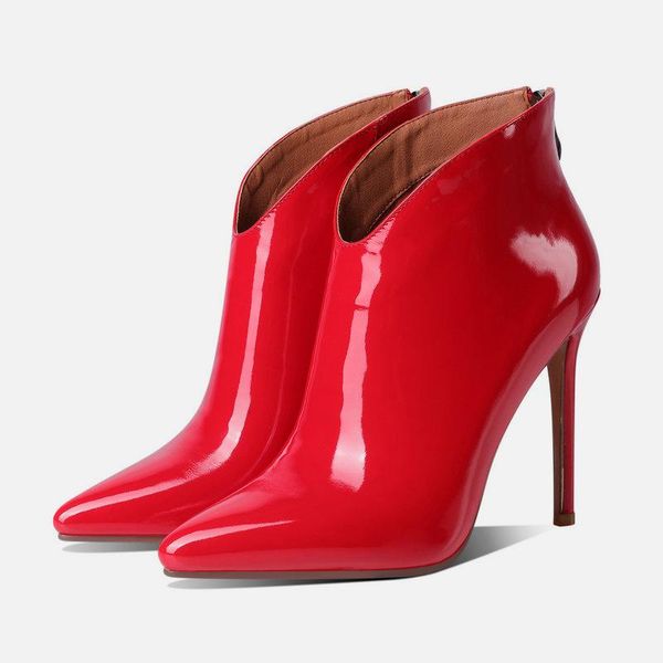 

boots red high heels women 12 cm pointed toe stiletto female faux leather ankle plus size 34-43 wedding, Black