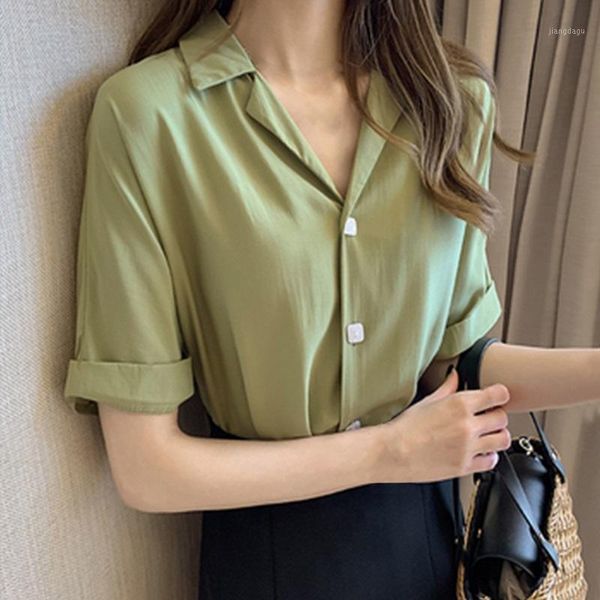 

women summer simple solid color casual loose single-breasted cotton short sleeve lapel blouse women's blouses & shirts, White