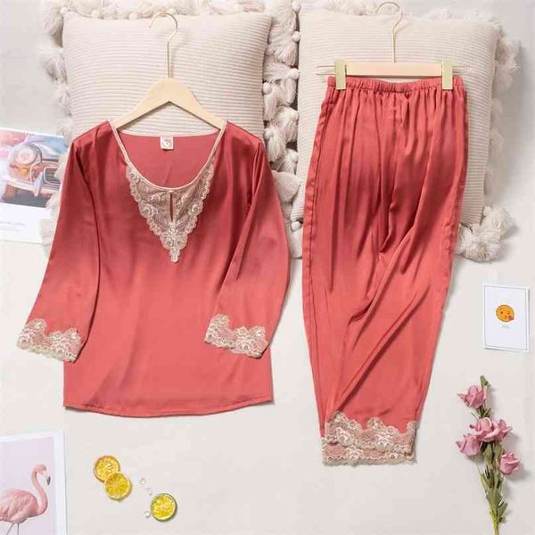

lisacmvpnel hollow out lace ice silk pyjamas women long sleeve suit pajamas 210924, Black;red