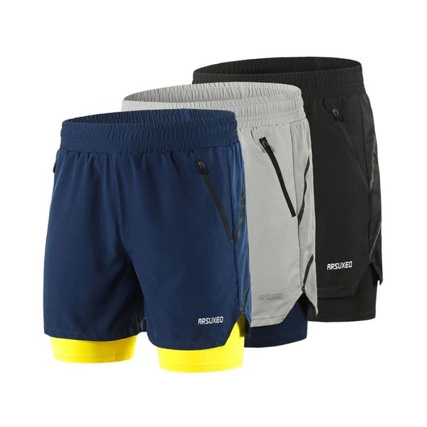 Arsuxeo Sportswear homem correndo shorts homens 2 em 1 shorts de ginásio reflexivo fitness crossfit shorts calças de calça de treino rápido seco