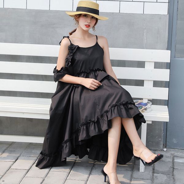 

casual dresses design women irregular soild ruffle vintage vestidos femme black/white ladies sweet streetwear uofb, Black;gray