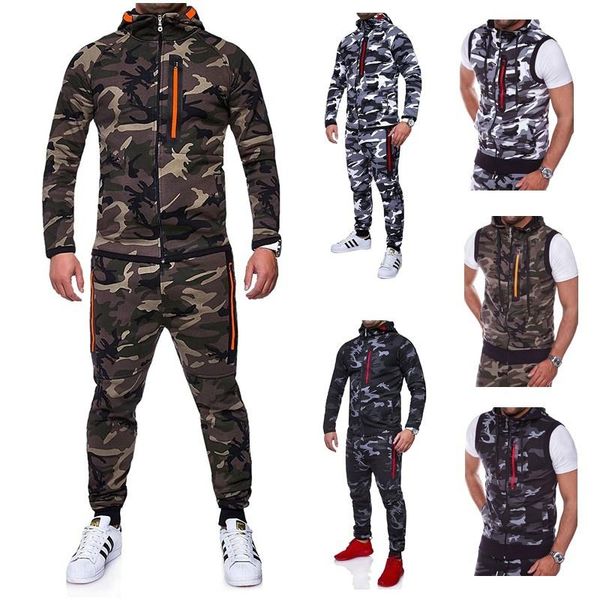 

men's tracksuits zogaa men sets 2 parts hooded sweatshirt and sports pants camouflage mandarin collar zipper military full sleeve, Gray