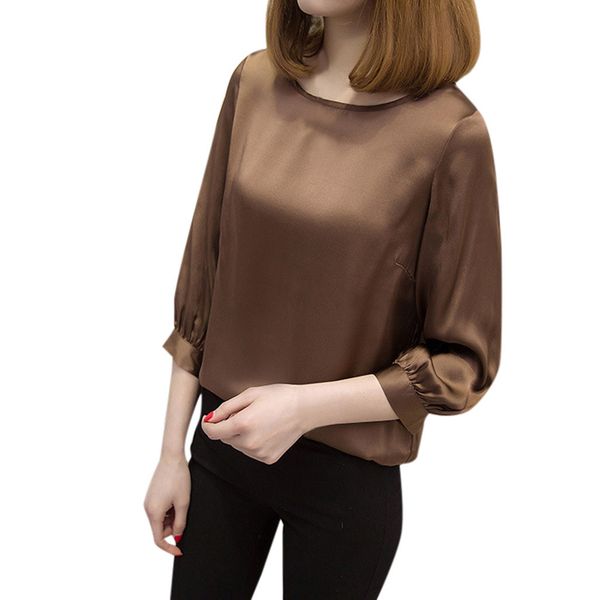 

women round neck cropped three quarter sleeve silk shirt office work wear women satin blouse shirt lady shirt elegant shirts x0521, White