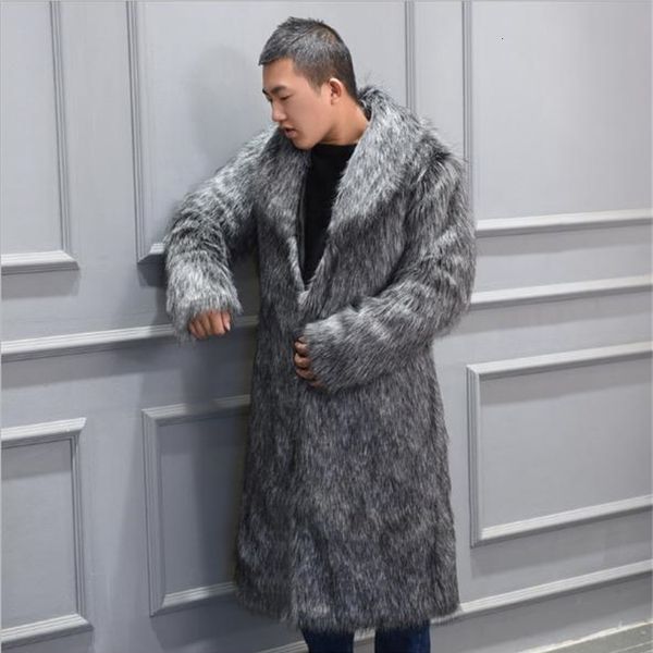 

mens long section faux overcoats large size male immitation fur outwears turn down collar warm fake coats s/6xl d24, Black