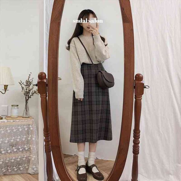 

plaid women skirts mi-long skirt female vintage jupe femme faldas mujer high waist school girls mid carf mujer, Black