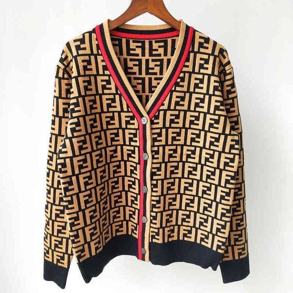 

design clothing 21 autumn new women's wear contrast red edge letter jacquard v-neck knitted cardigan, White;black