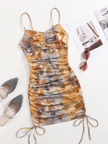 

tie dye drawstring ruched detail dress f7tb#, Black;gray