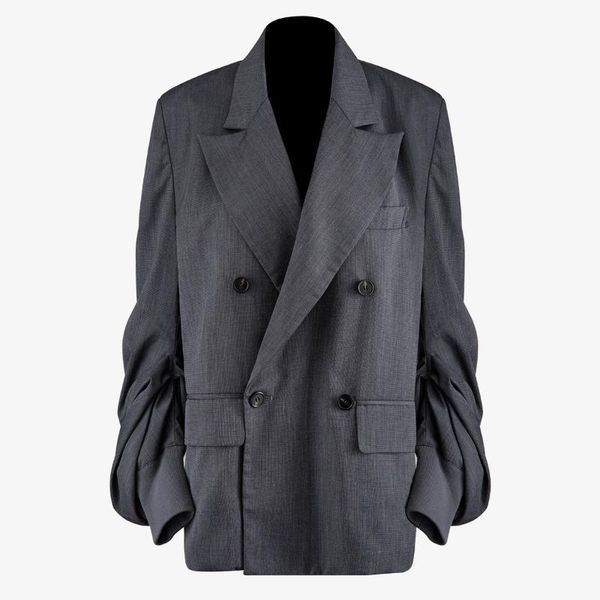 

women's suits & blazers superaen spring french style loose double-breasted pleated lantern sleeve solid suit women, White;black