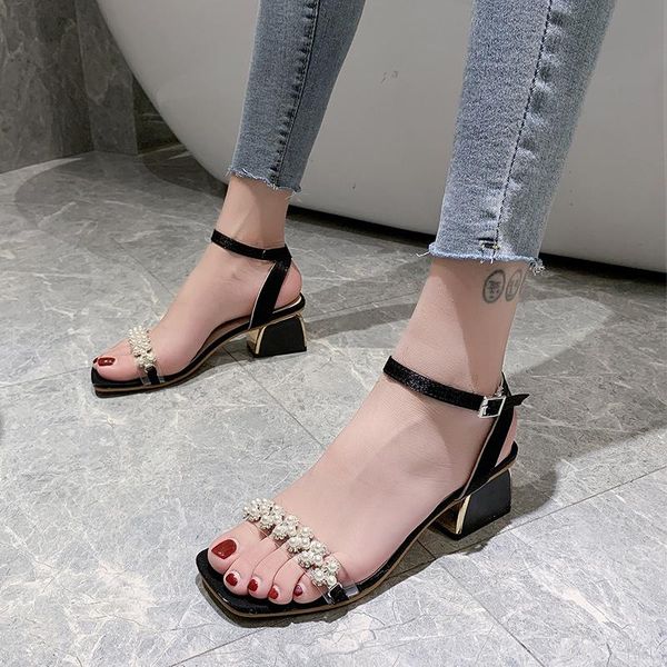 

dress shoes fairyland pearl sandals women style medium and coarse heels fashion in 2021 summer, Black