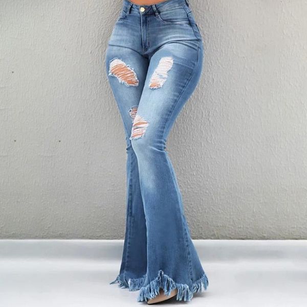 

plus size flare women jean high waist wide leg summer thin ripped push up denim pants long bell bottom for, Blue