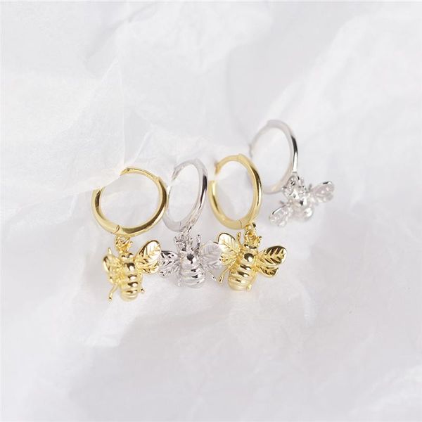 

stud aide 100% 925 sterling silver bee pendant small circle earrings for women girls punk style geometric rivet earring gift, Golden;silver