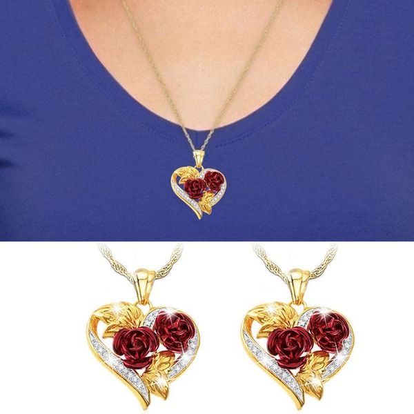 

love rose necklace gold 3d heart shaped pendant with heart-shaped chain necklace rose double, Silver
