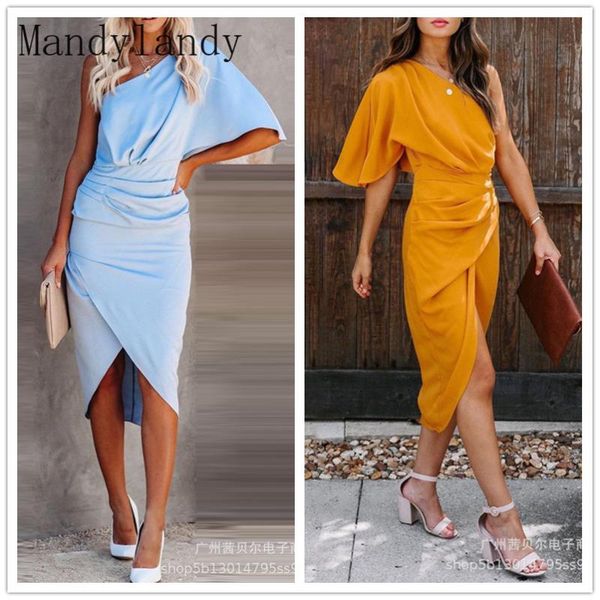 

ethnic clothing mandylandy women elegant summer ruched bodycon dress lady casual fashion one shoulder flare sleeve slim fit pencil, Red
