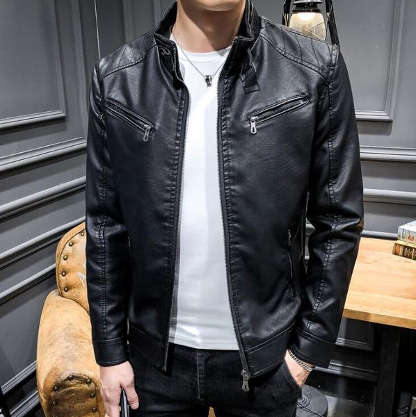 

men's fur & faux autumn mens leather jacket slim motorcycle pu coat men casual jackets clothes spring jaqueta de couro street stand col, Black